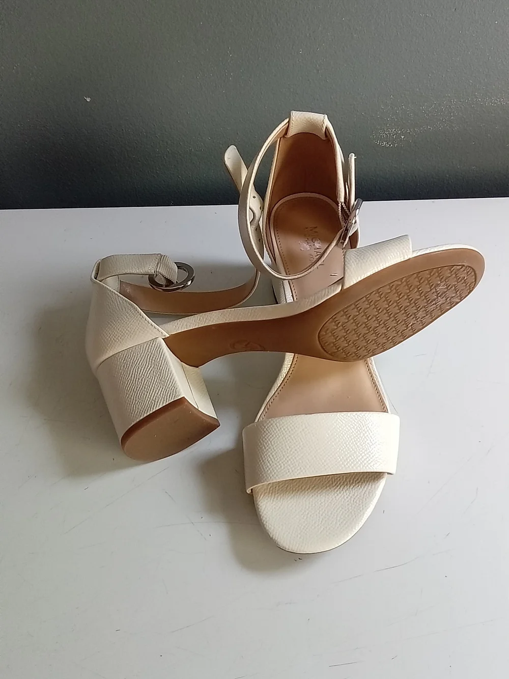 Michael Kors Cream Textured Block Heel Ankle Strap Sandal Off White Silver Buckl